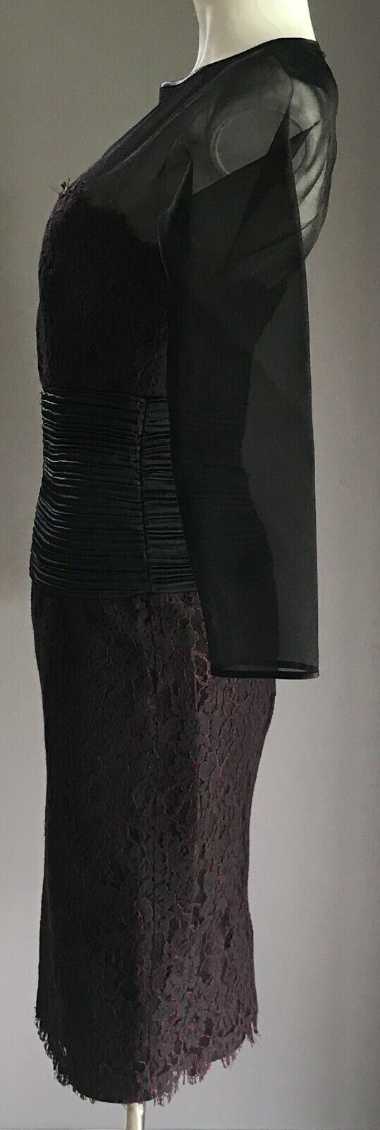 EWALDO BOCK Sheath Dress Sheer Black Organza & Black Red Lace Size 10 1980s