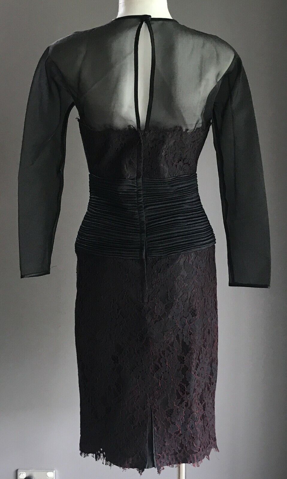 EWALDO BOCK Sheath Dress Sheer Black Organza & Black Red Lace Size 10 1980s