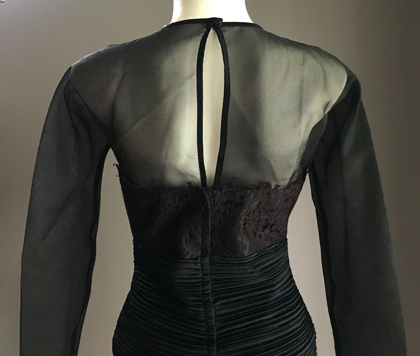 EWALDO BOCK Sheath Dress Sheer Black Organza & Black Red Lace Size 10 1980s