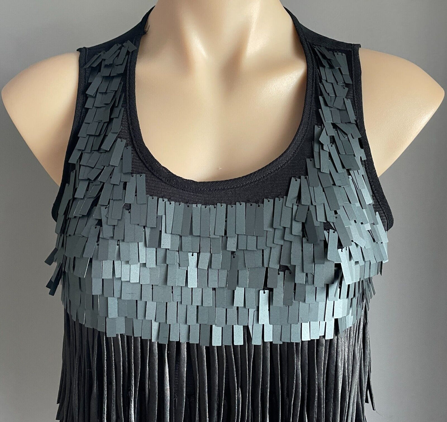 JUST Black Fringe/Rectangle Sequin Bodycon Sleeveless Stretch Mini Dress Size M