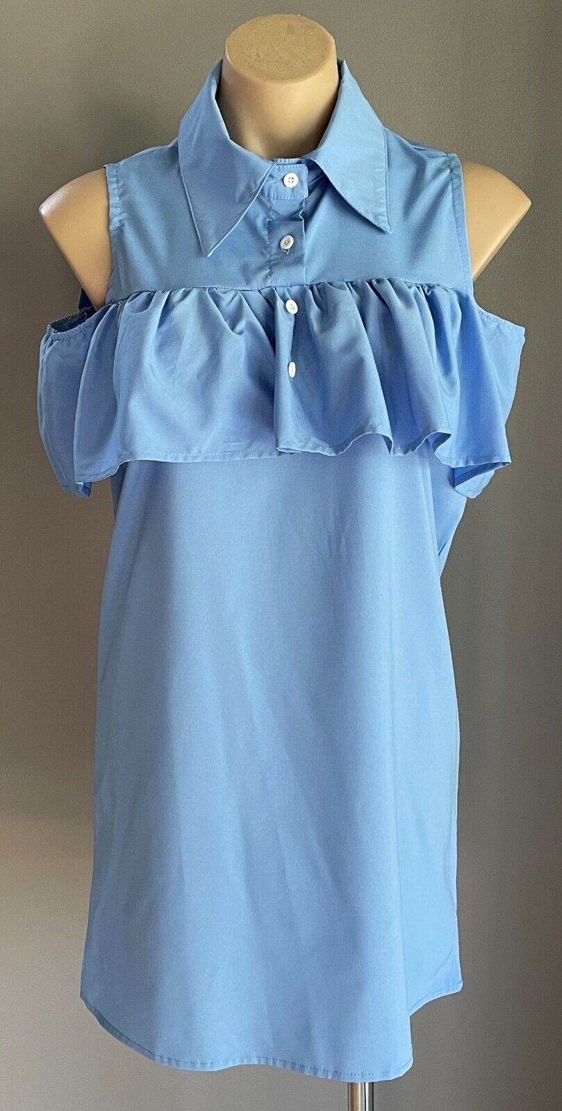 Shift Dress Blue Sleeveless Buttons at Chest Collar Ruffle Trim Mini Size L