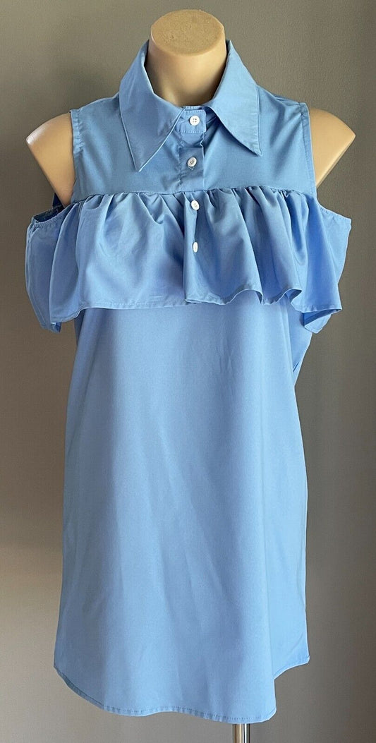 Shift Dress Blue Sleeveless Buttons at Chest Collar Ruffle Trim Mini Size L