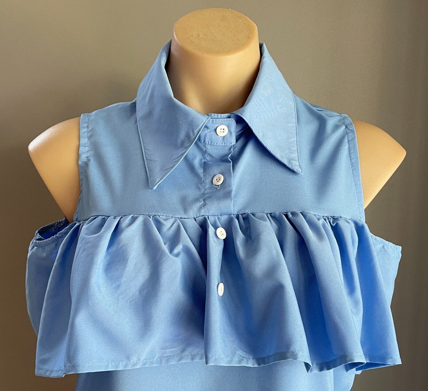 Shift Dress Blue Sleeveless Buttons at Chest Collar Ruffle Trim Mini Size L
