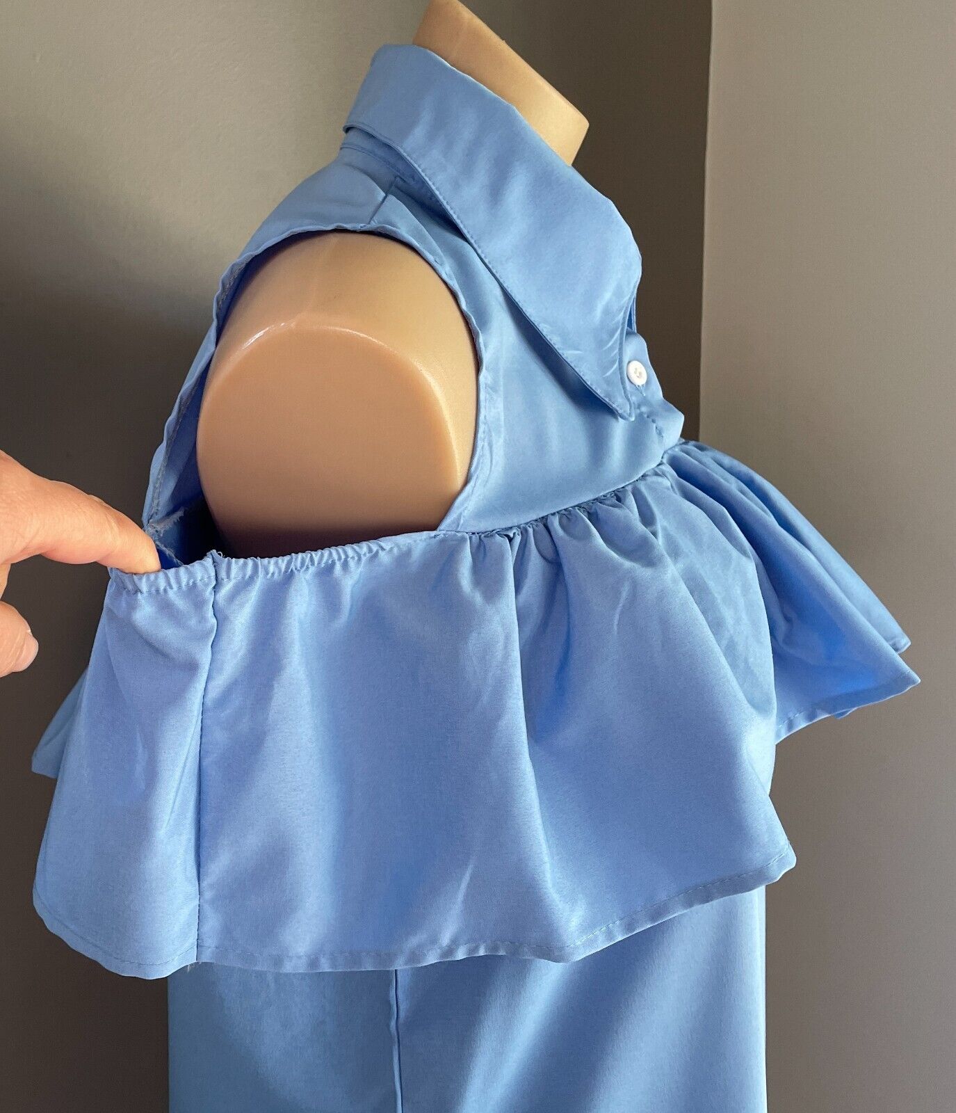 Shift Dress Blue Sleeveless Buttons at Chest Collar Ruffle Trim Mini Size L