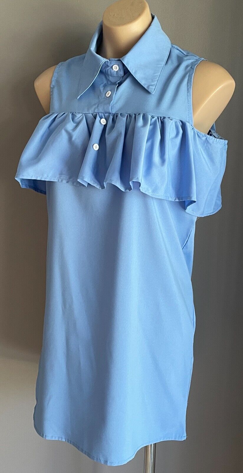 Shift Dress Blue Sleeveless Buttons at Chest Collar Ruffle Trim Mini Size L