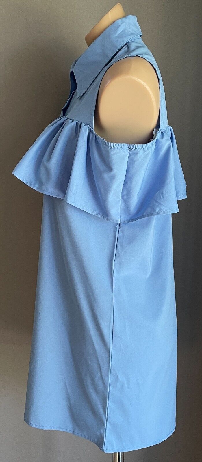 Shift Dress Blue Sleeveless Buttons at Chest Collar Ruffle Trim Mini Size L