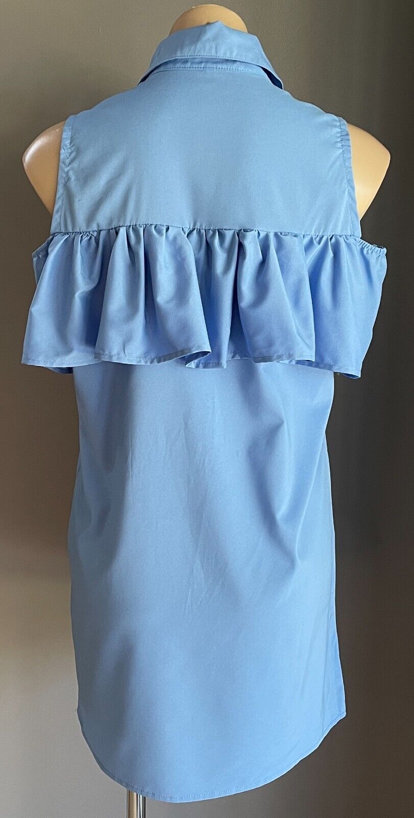Shift Dress Blue Sleeveless Buttons at Chest Collar Ruffle Trim Mini Size L