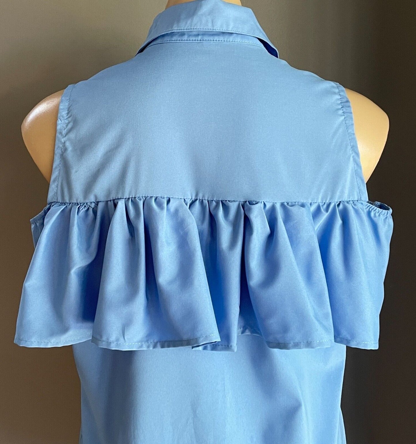 Shift Dress Blue Sleeveless Buttons at Chest Collar Ruffle Trim Mini Size L