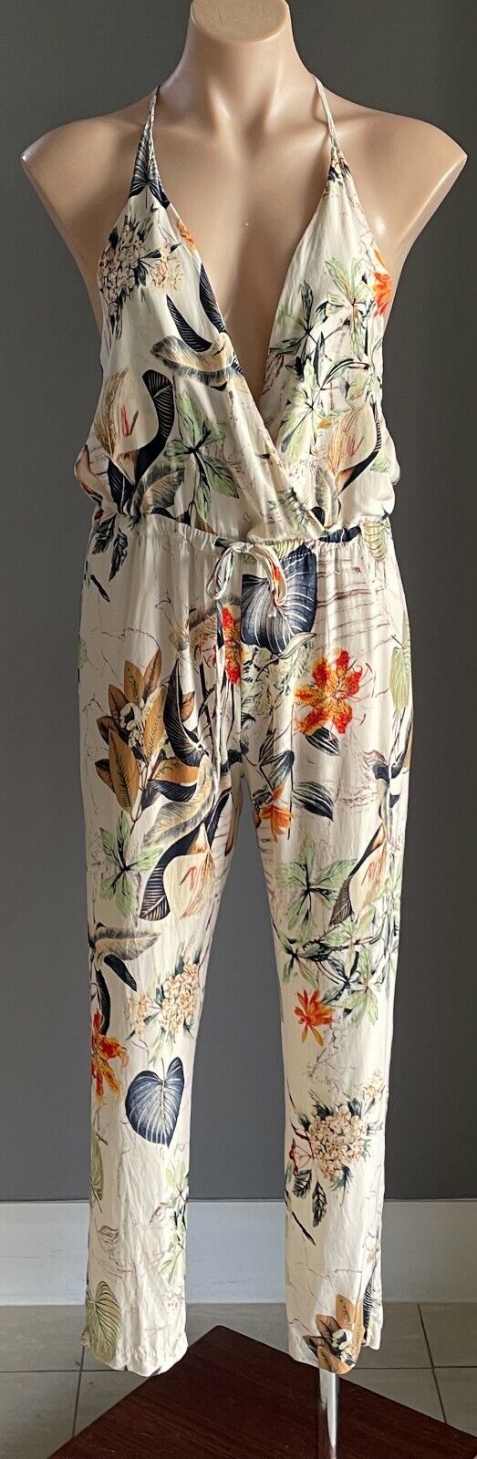 STAN HERITAGE Jumpsuit Floral Print Sleeveless Cross Back Skinny Crop Leg Size L