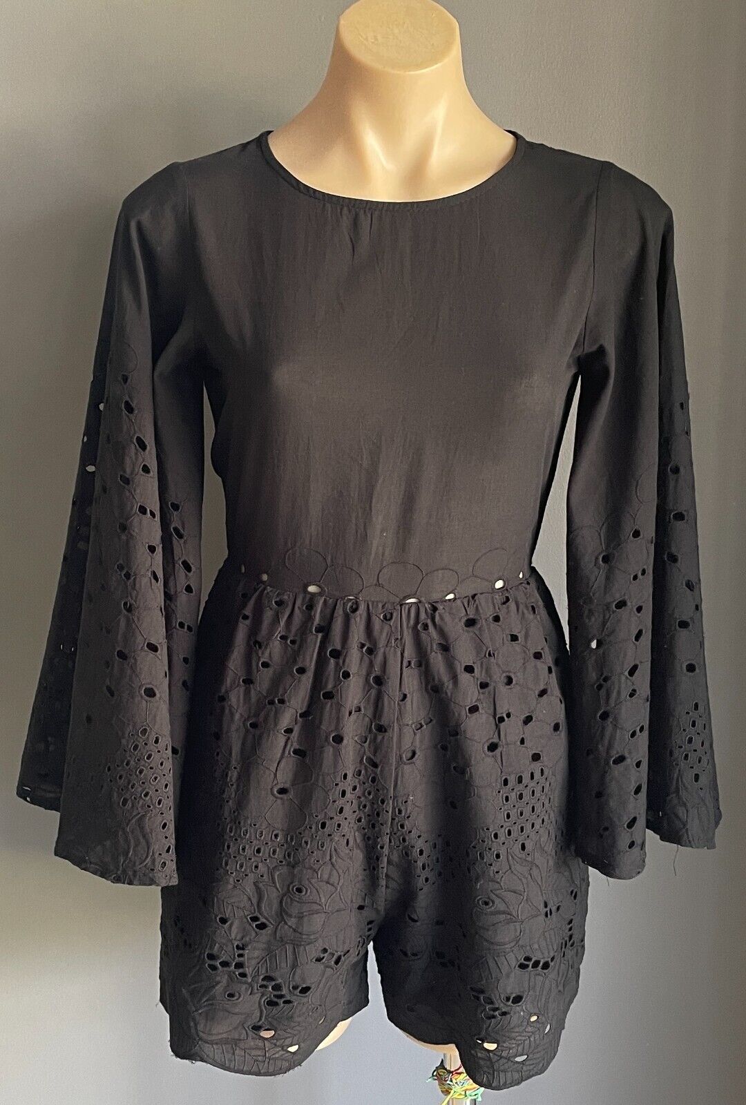 Black Shortsuit Playsuit Cutout Lace Bell Sleeve Shorts Keyhole Back Romper Sz M