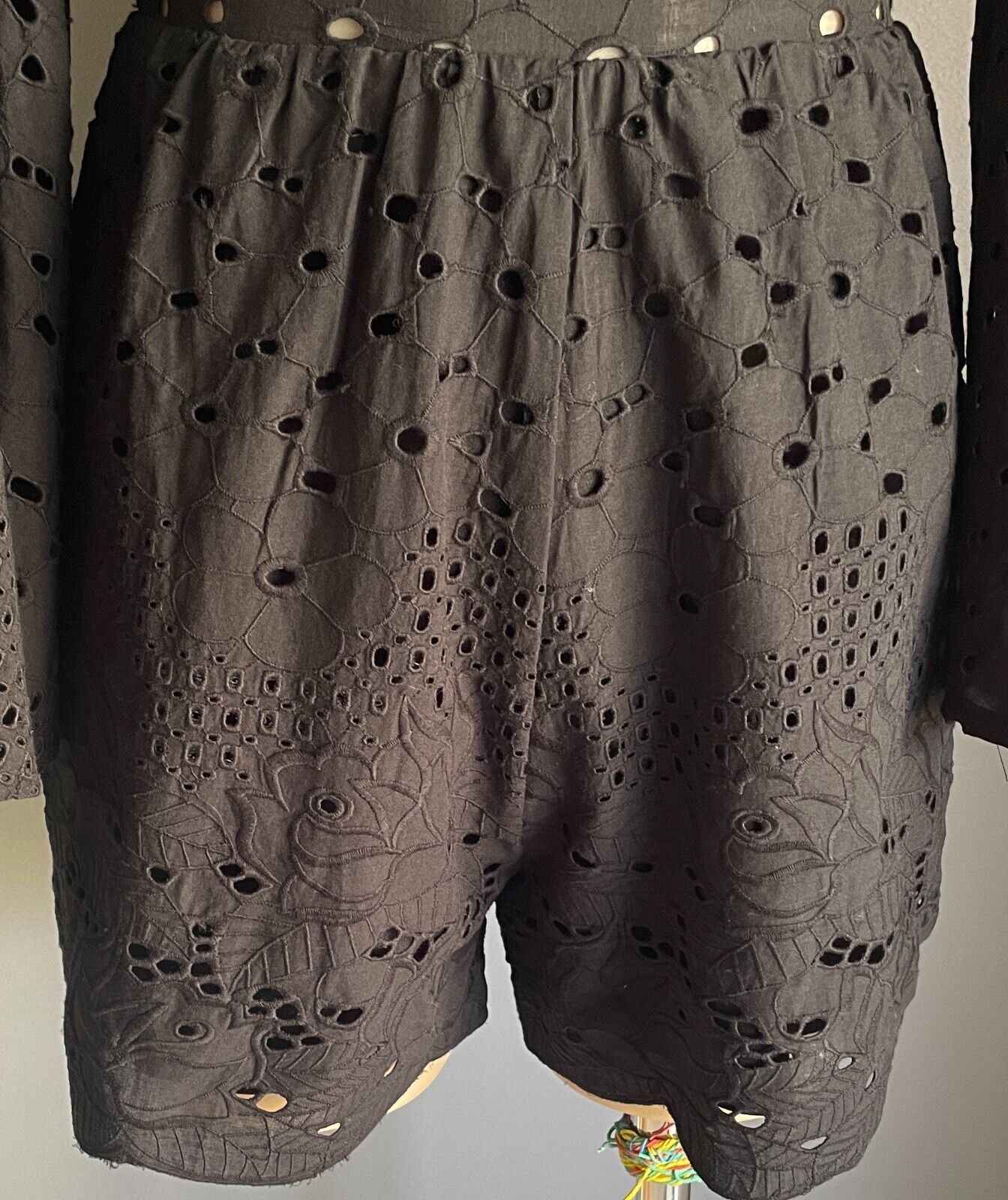 Black Shortsuit Playsuit Cutout Lace Bell Sleeve Shorts Keyhole Back Romper Sz M