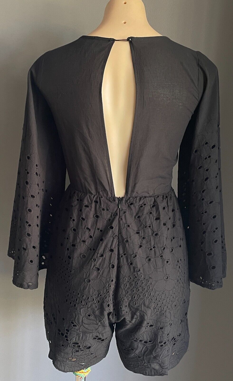Black Shortsuit Playsuit Cutout Lace Bell Sleeve Shorts Keyhole Back Romper Sz M