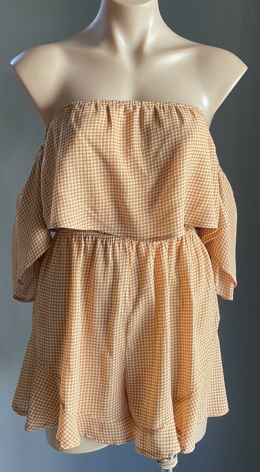 LUVALOT Playsuit Brown & White Check Off Shoulder Short Sleeve Romper Size 8 10
