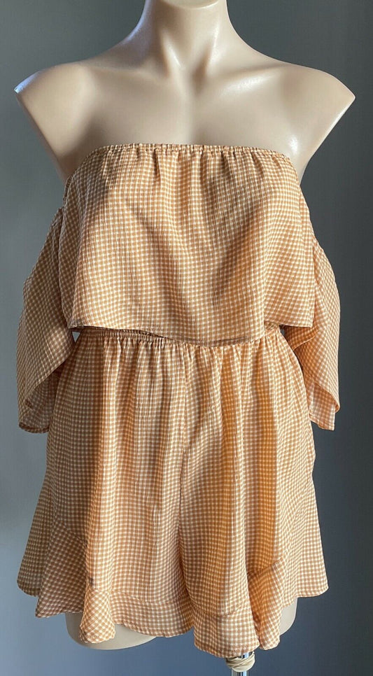 LUVALOT Playsuit Brown & White Check Off Shoulder Short Sleeve Romper Size 8 10
