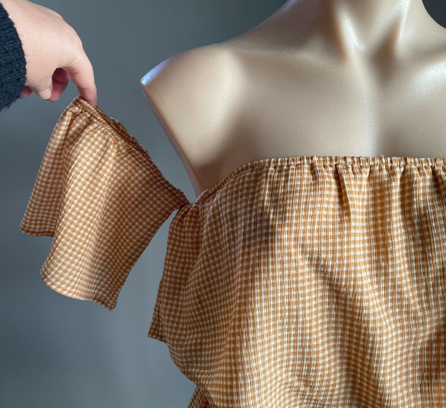 LUVALOT Playsuit Brown & White Check Off Shoulder Short Sleeve Romper Size 8 10