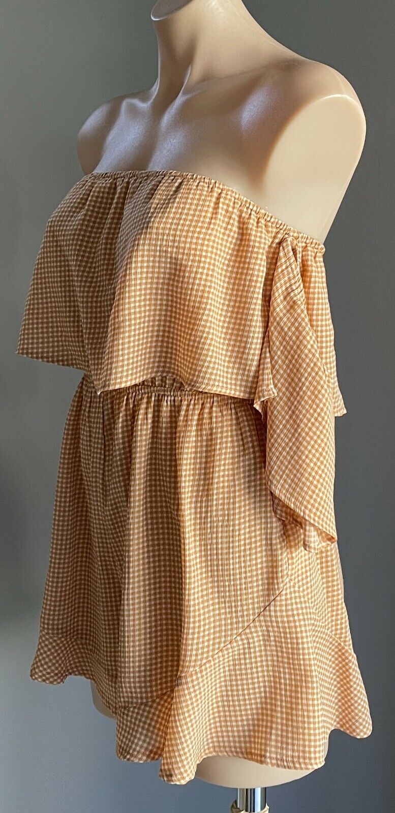 LUVALOT Playsuit Brown & White Check Off Shoulder Short Sleeve Romper Size 8 10