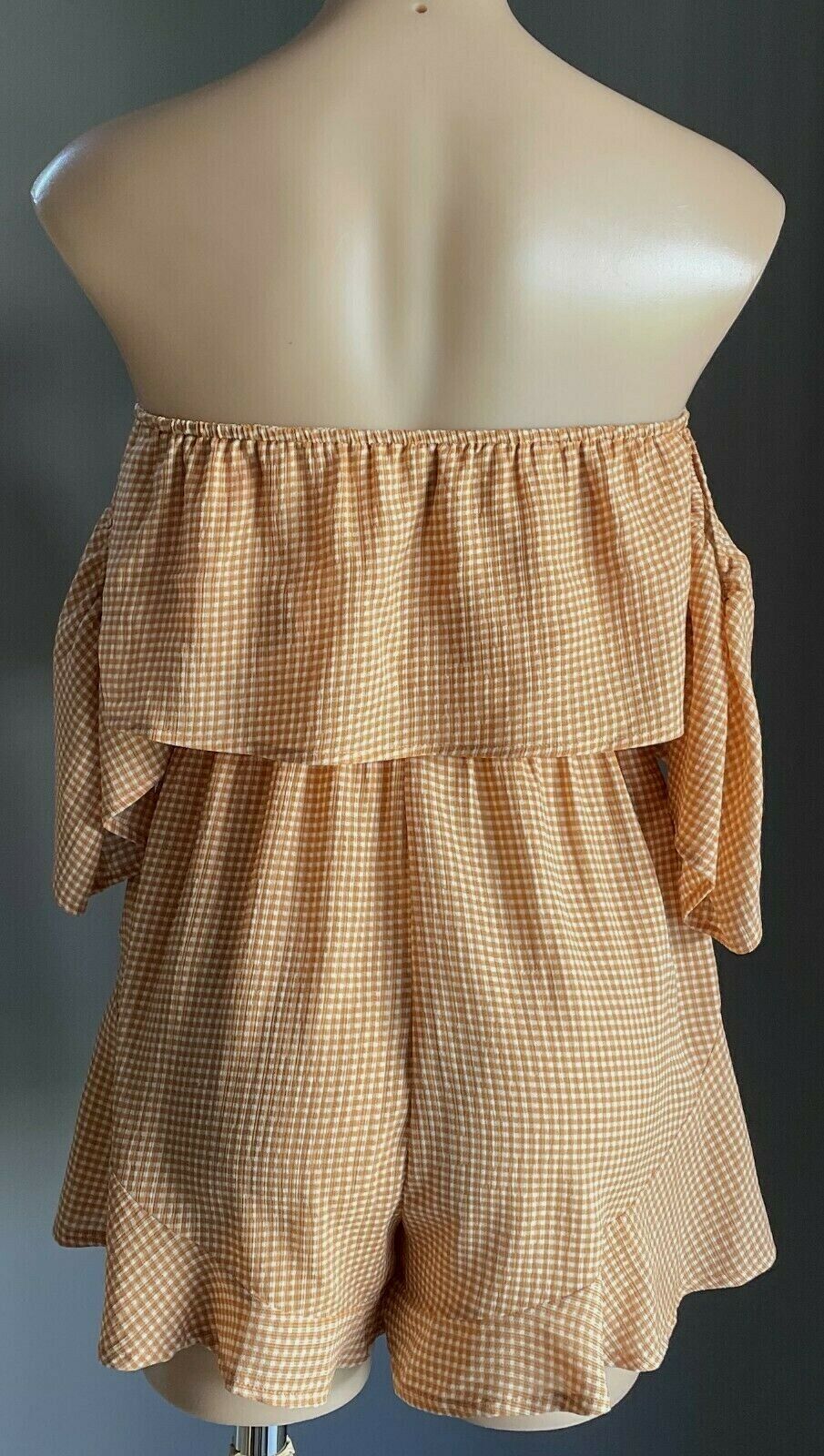 LUVALOT Playsuit Brown & White Check Off Shoulder Short Sleeve Romper Size 8 10