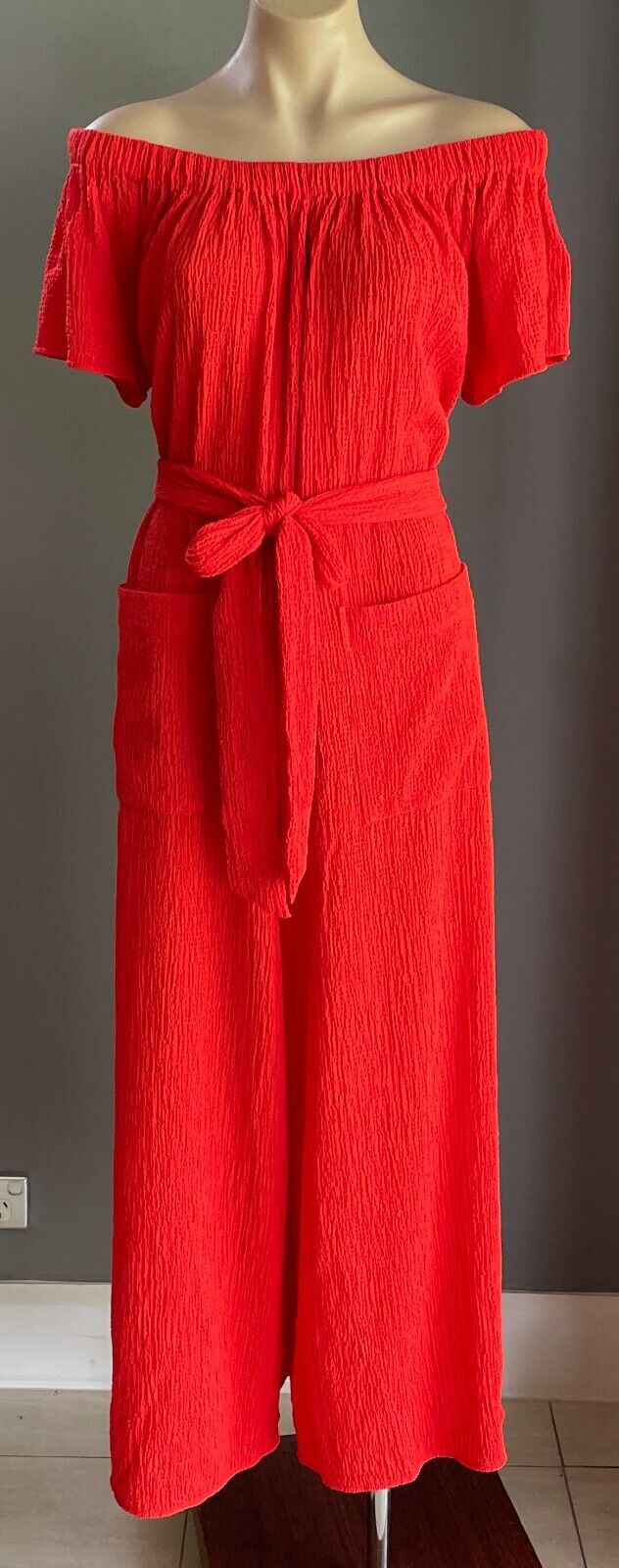 SEED HERITAGE Jumpsuit Red Off Shoulder Waist Tie Wide Leg Crinkle Fabric Size M