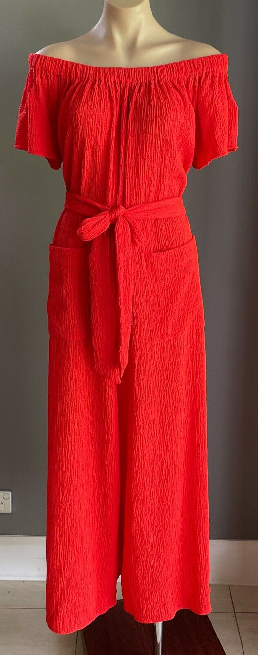 SEED HERITAGE Jumpsuit Red Off Shoulder Waist Tie Wide Leg Crinkle Fabric Size M