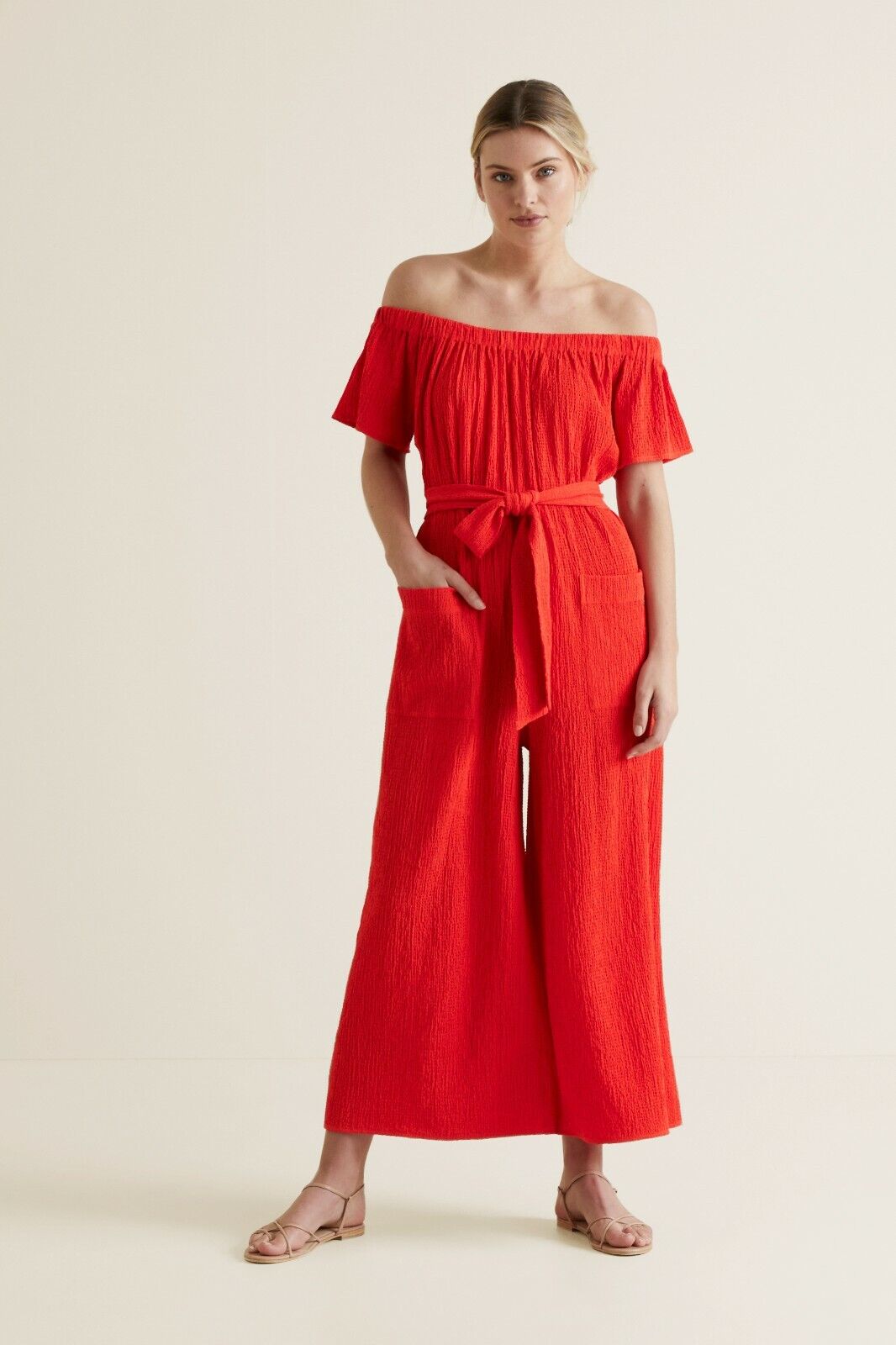 SEED HERITAGE Jumpsuit Red Off Shoulder Waist Tie Wide Leg Crinkle Fabric Size M