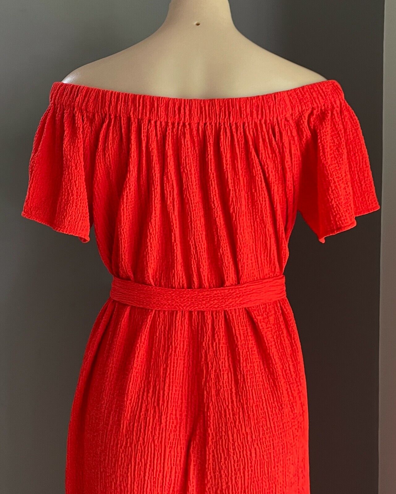 SEED HERITAGE Jumpsuit Red Off Shoulder Waist Tie Wide Leg Crinkle Fabric Size M