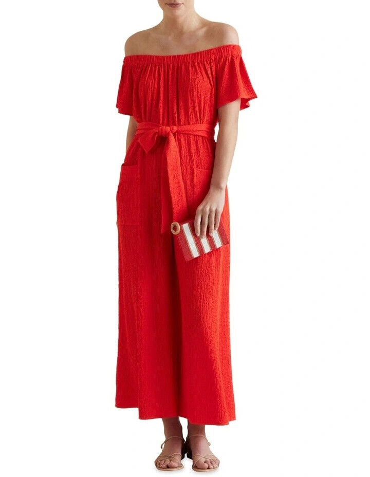 SEED HERITAGE Jumpsuit Red Off Shoulder Waist Tie Wide Leg Crinkle Fabric Size M