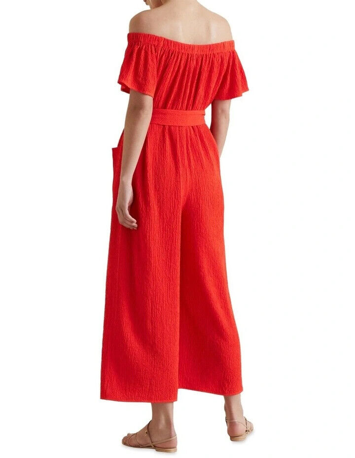 SEED HERITAGE Jumpsuit Red Off Shoulder Waist Tie Wide Leg Crinkle Fabric Size M