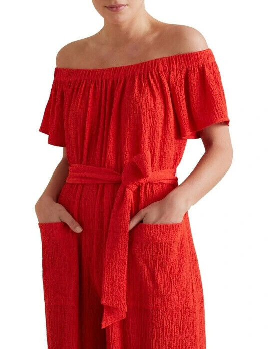 SEED HERITAGE Jumpsuit Red Off Shoulder Waist Tie Wide Leg Crinkle Fabric Size M