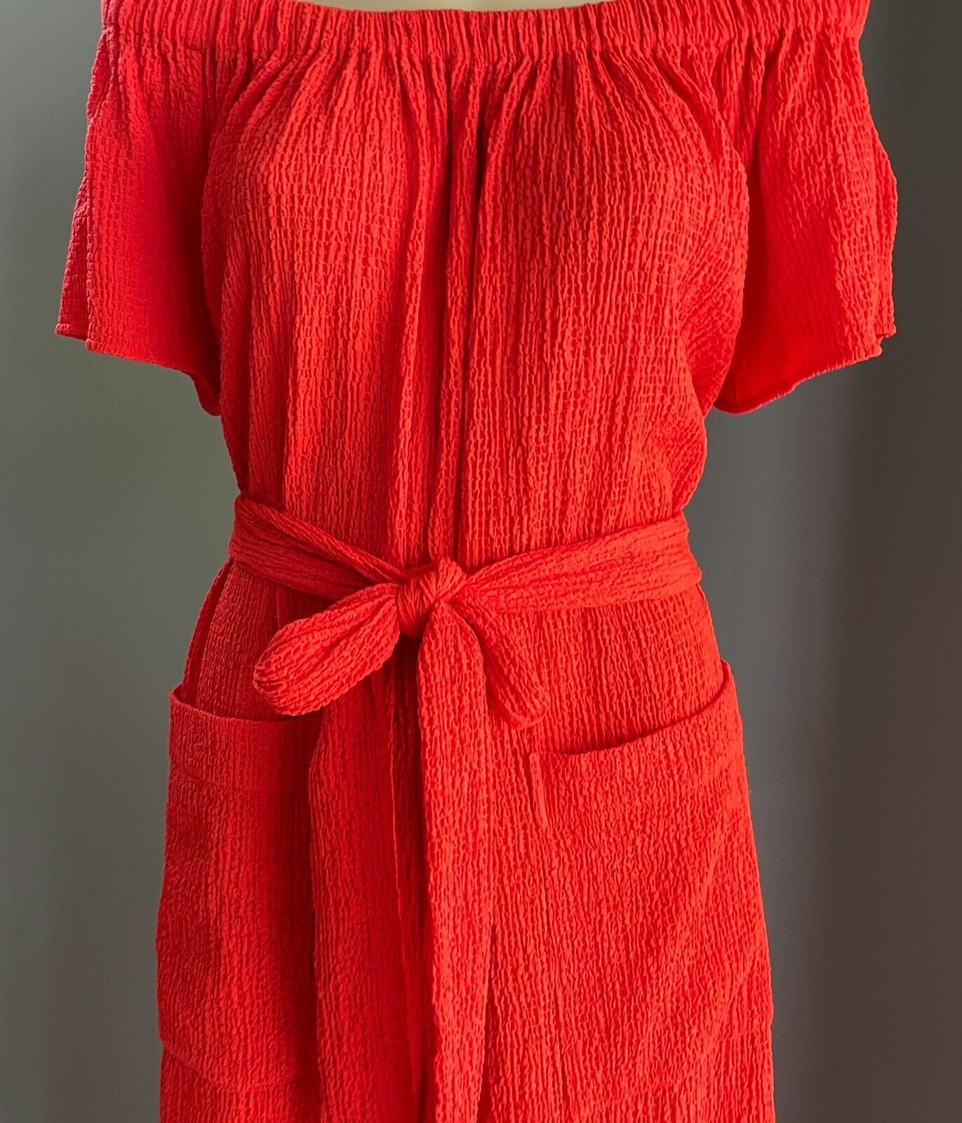 SEED HERITAGE Jumpsuit Red Off Shoulder Waist Tie Wide Leg Crinkle Fabric Size M