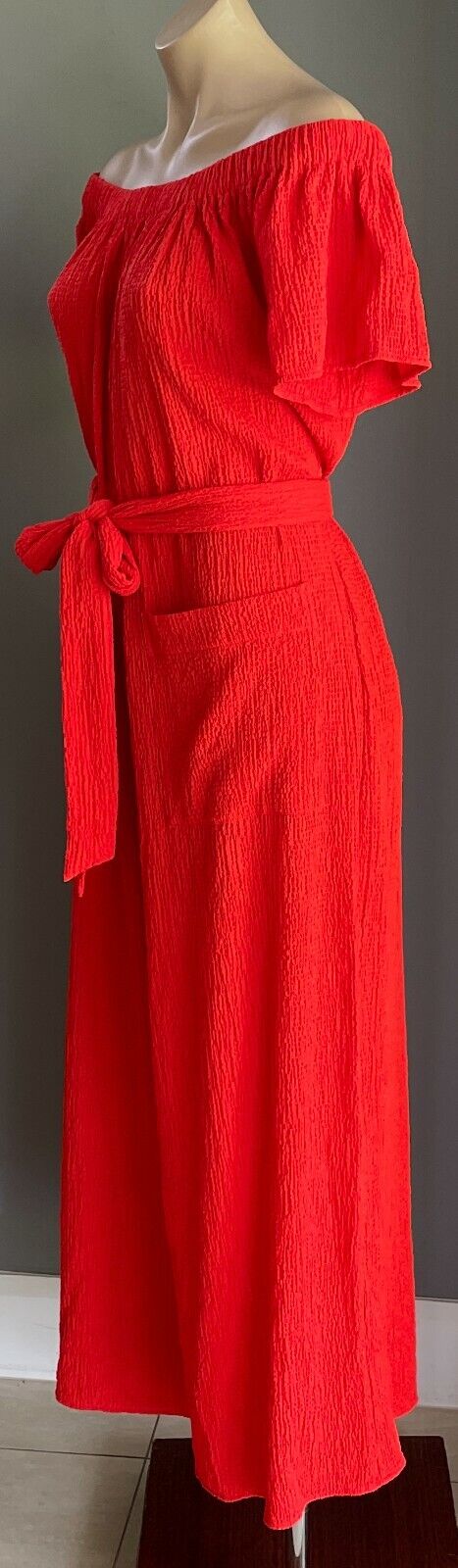 SEED HERITAGE Jumpsuit Red Off Shoulder Waist Tie Wide Leg Crinkle Fabric Size M