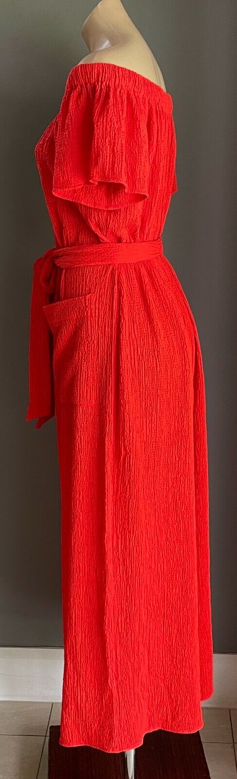 SEED HERITAGE Jumpsuit Red Off Shoulder Waist Tie Wide Leg Crinkle Fabric Size M