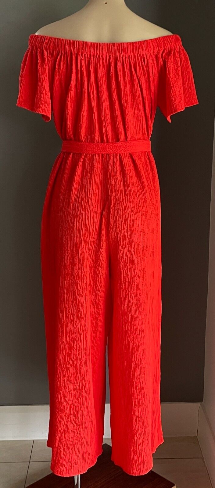 SEED HERITAGE Jumpsuit Red Off Shoulder Waist Tie Wide Leg Crinkle Fabric Size M