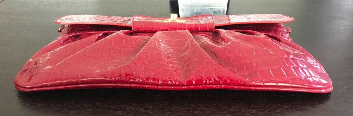 CICIERO BAGS Hand Bag Red Patent Croc Pleather Large Clutch Short Strap Vintage