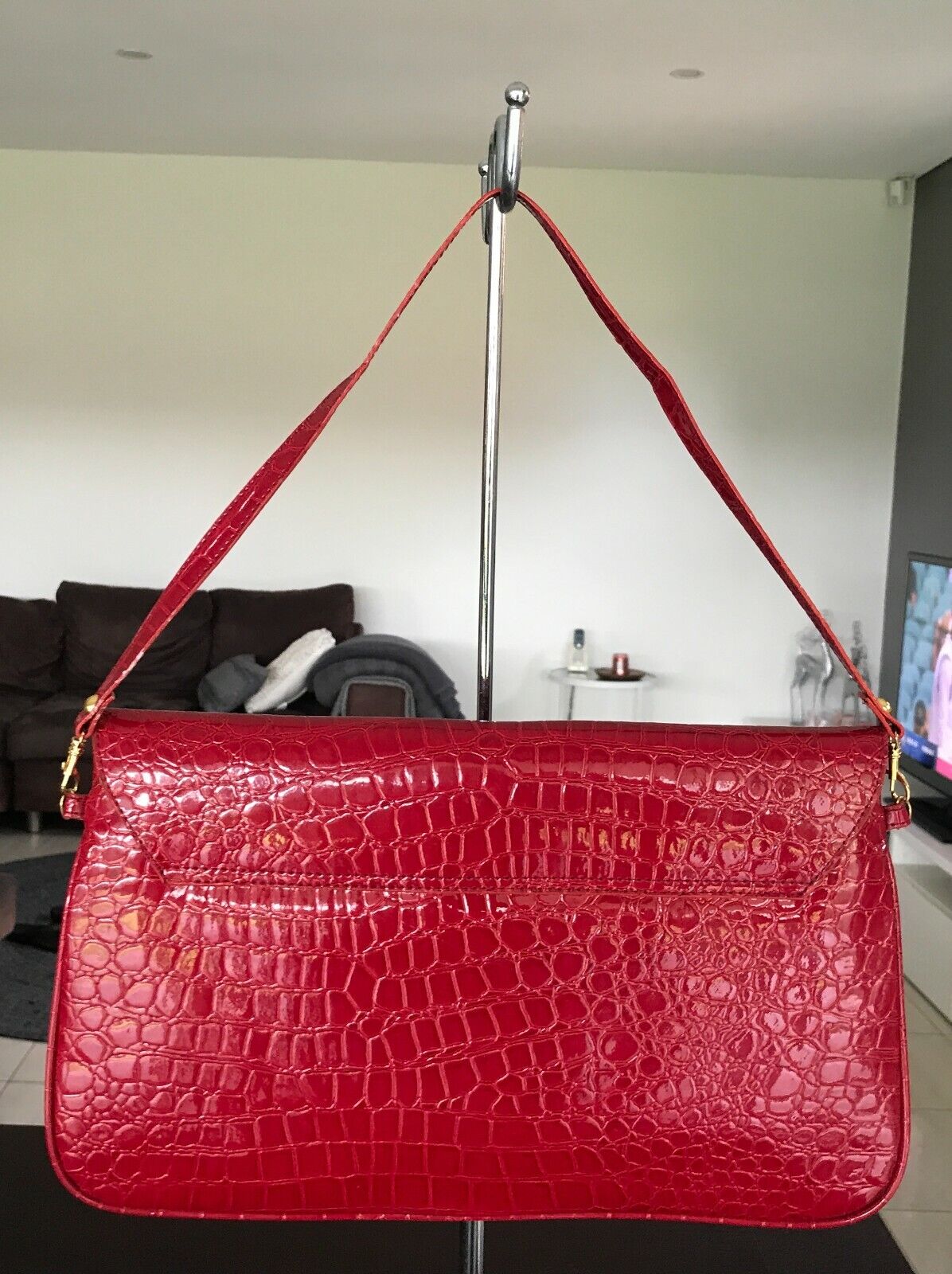 CICIERO BAGS Hand Bag Red Patent Croc Pleather Large Clutch Short Strap Vintage