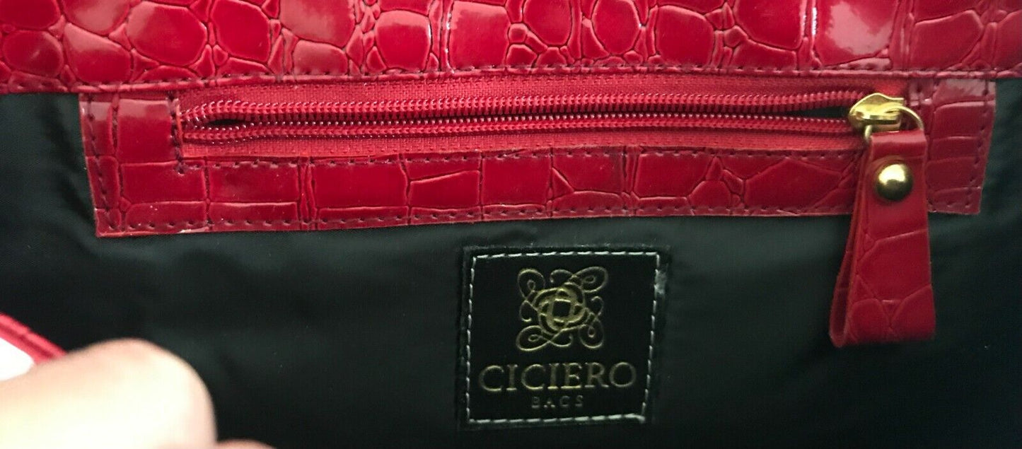 CICIERO BAGS Hand Bag Red Patent Croc Pleather Large Clutch Short Strap Vintage