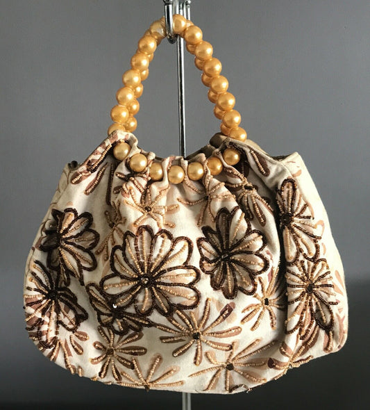 ALDO Bag Beige Brown Floral Fabric Bead Embellished Large Gold Pearl Bead Clutch