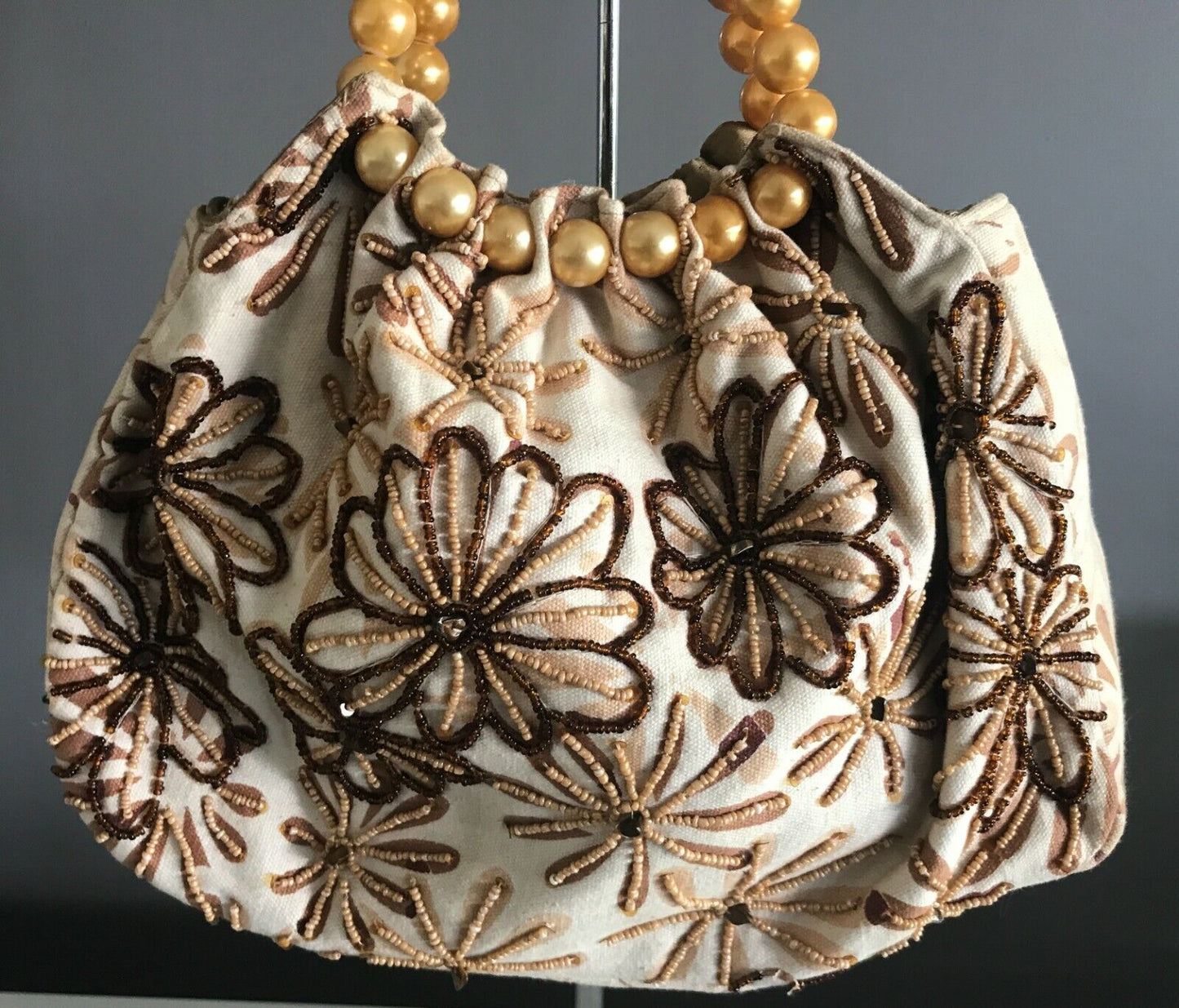 ALDO Bag Beige Brown Floral Fabric Bead Embellished Large Gold Pearl Bead Clutch