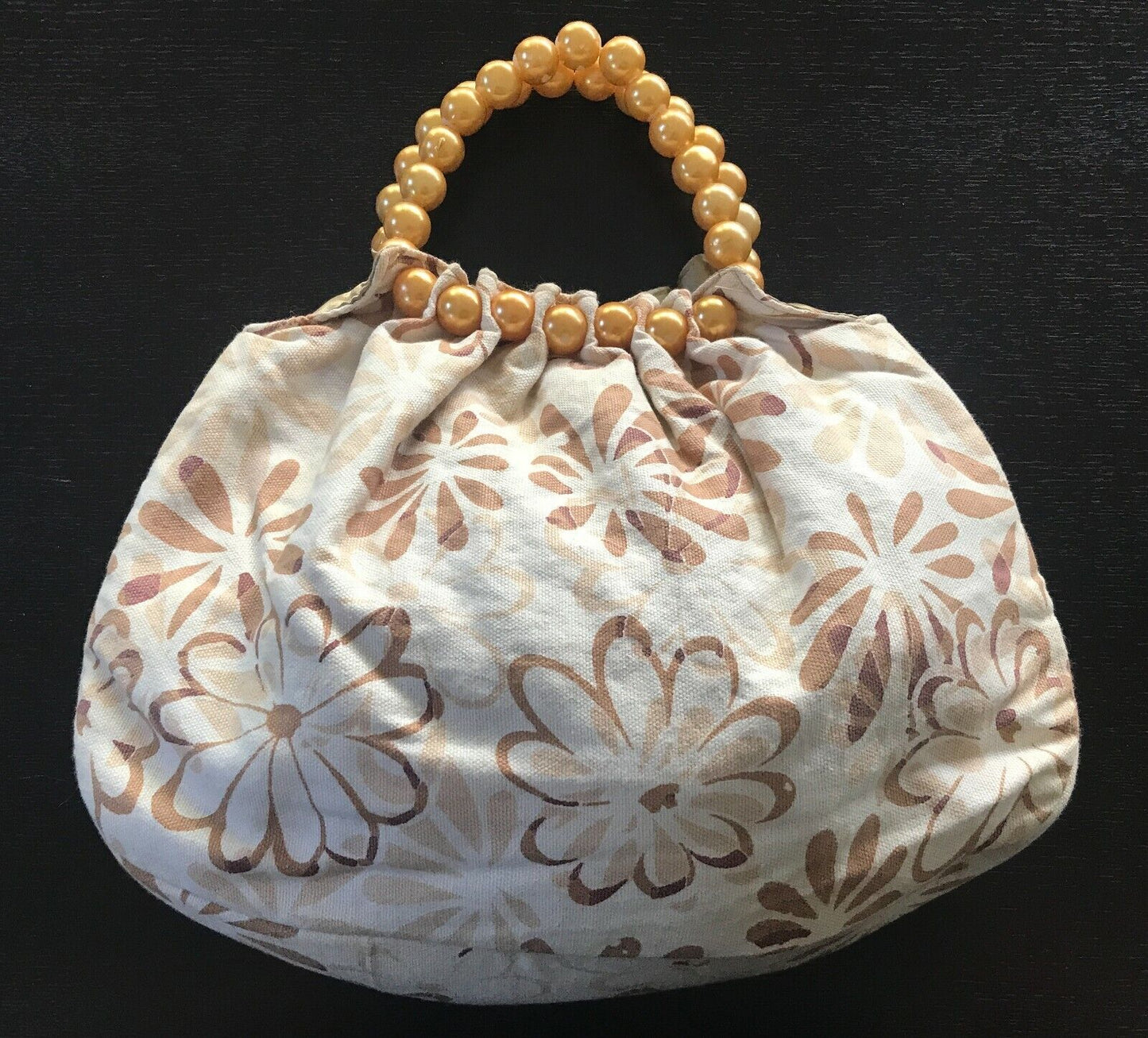 ALDO Bag Beige Brown Floral Fabric Bead Embellished Large Gold Pearl Bead Clutch
