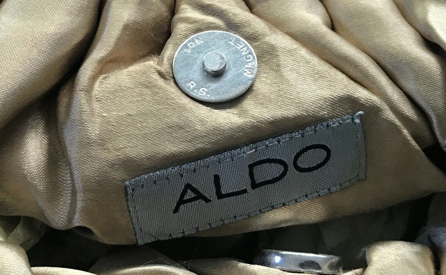 ALDO Bag Beige Brown Floral Fabric Bead Embellished Large Gold Pearl Bead Clutch