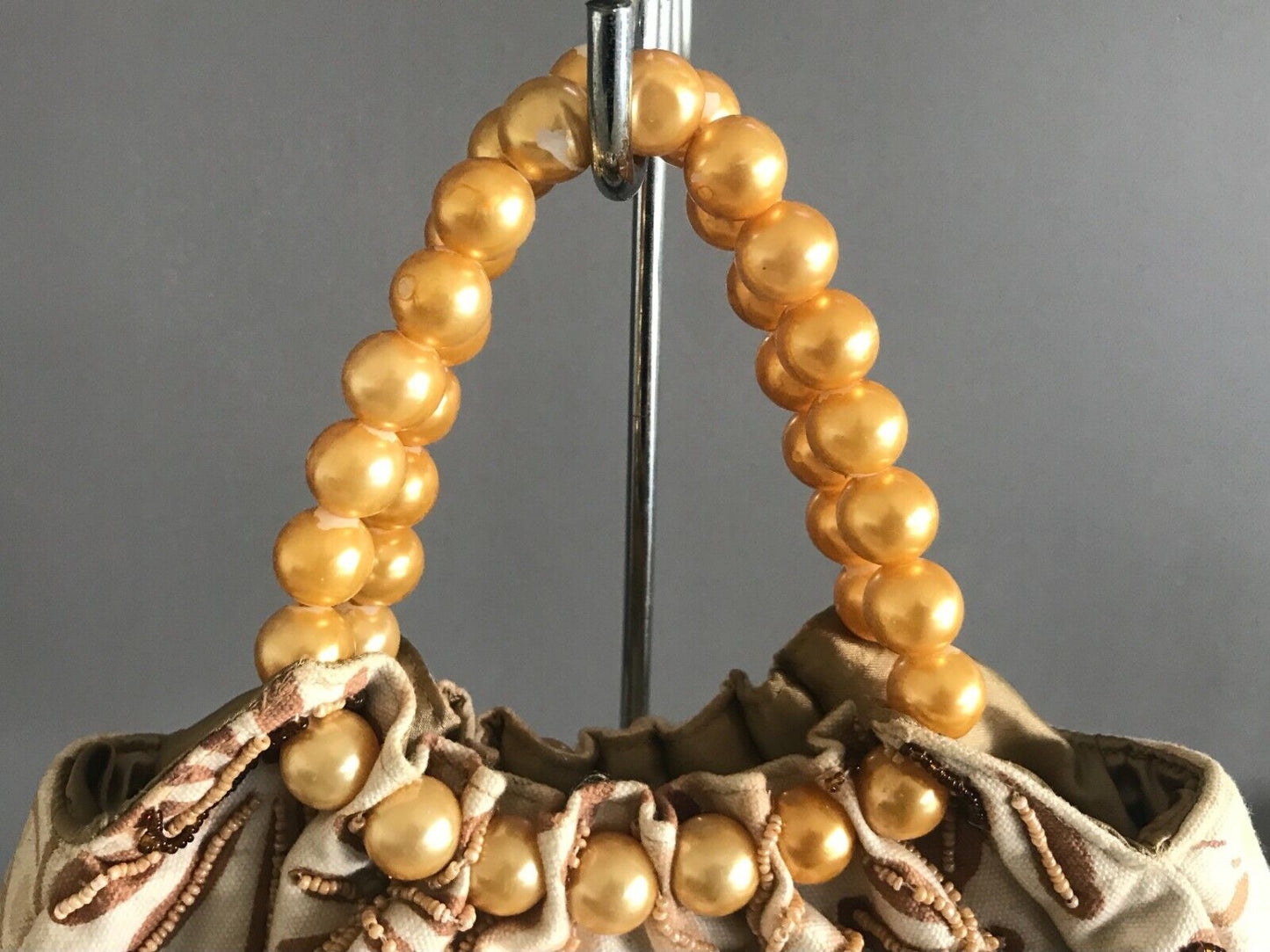 ALDO Bag Beige Brown Floral Fabric Bead Embellished Large Gold Pearl Bead Clutch