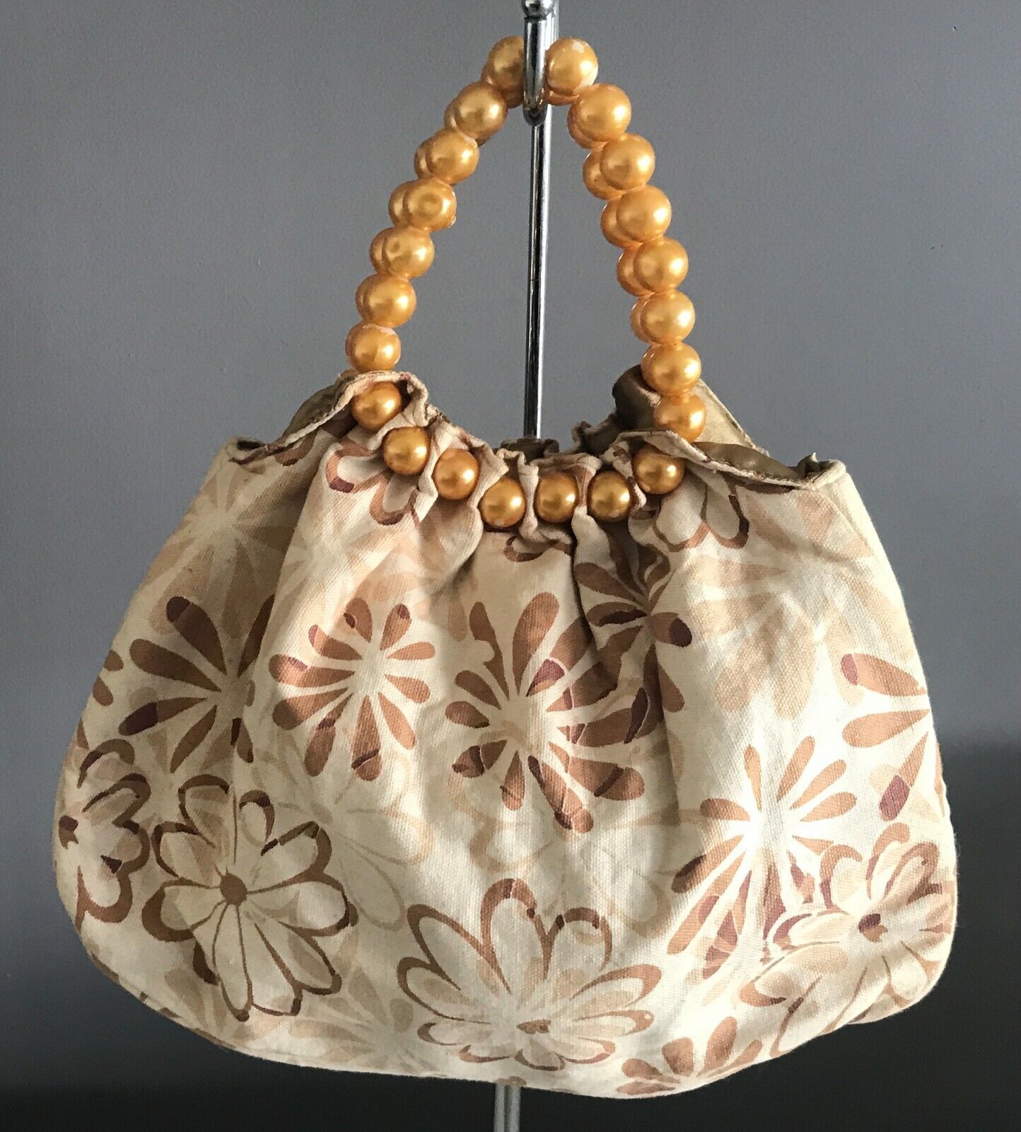 ALDO Bag Beige Brown Floral Fabric Bead Embellished Large Gold Pearl Bead Clutch