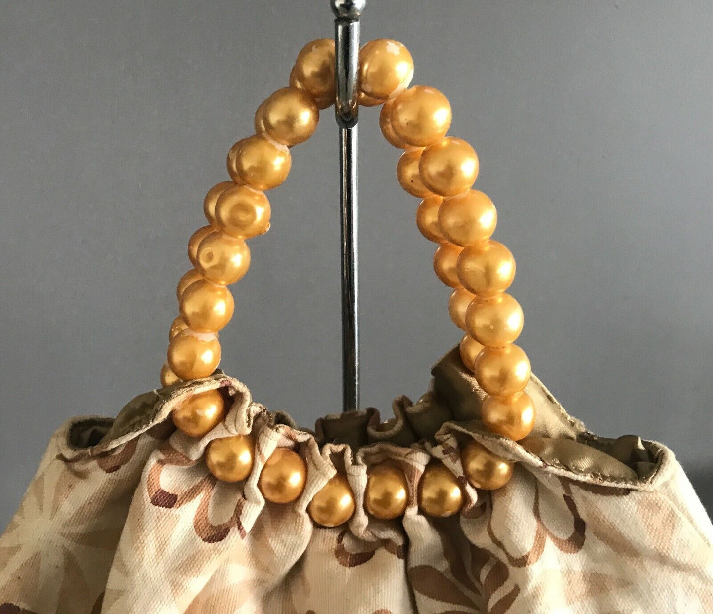 ALDO Bag Beige Brown Floral Fabric Bead Embellished Large Gold Pearl Bead Clutch