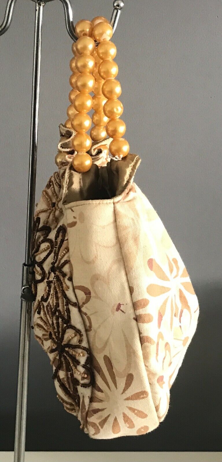 ALDO Bag Beige Brown Floral Fabric Bead Embellished Large Gold Pearl Bead Clutch