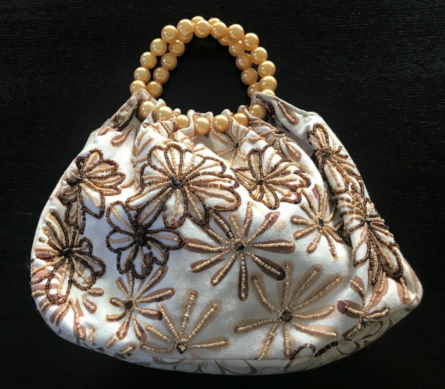 ALDO Bag Beige Brown Floral Fabric Bead Embellished Large Gold Pearl Bead Clutch