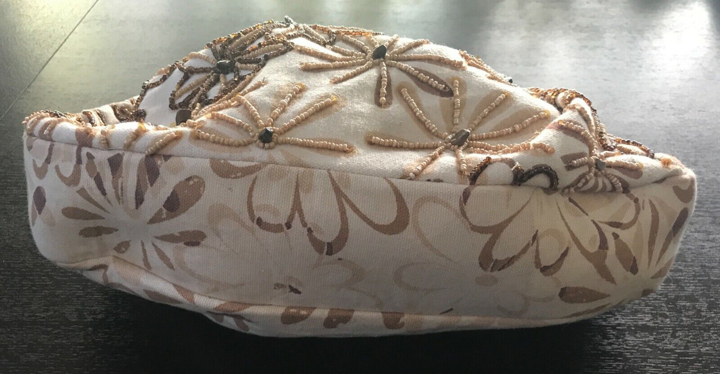 ALDO Bag Beige Brown Floral Fabric Bead Embellished Large Gold Pearl Bead Clutch