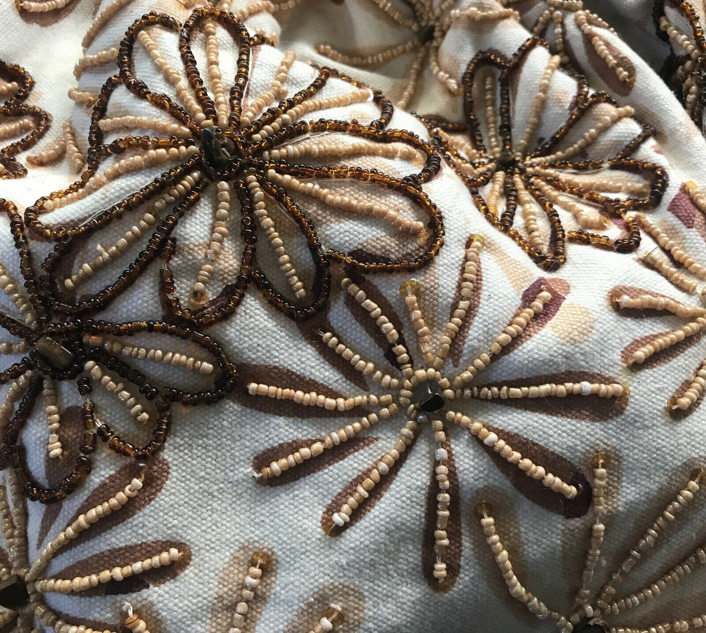 ALDO Bag Beige Brown Floral Fabric Bead Embellished Large Gold Pearl Bead Clutch