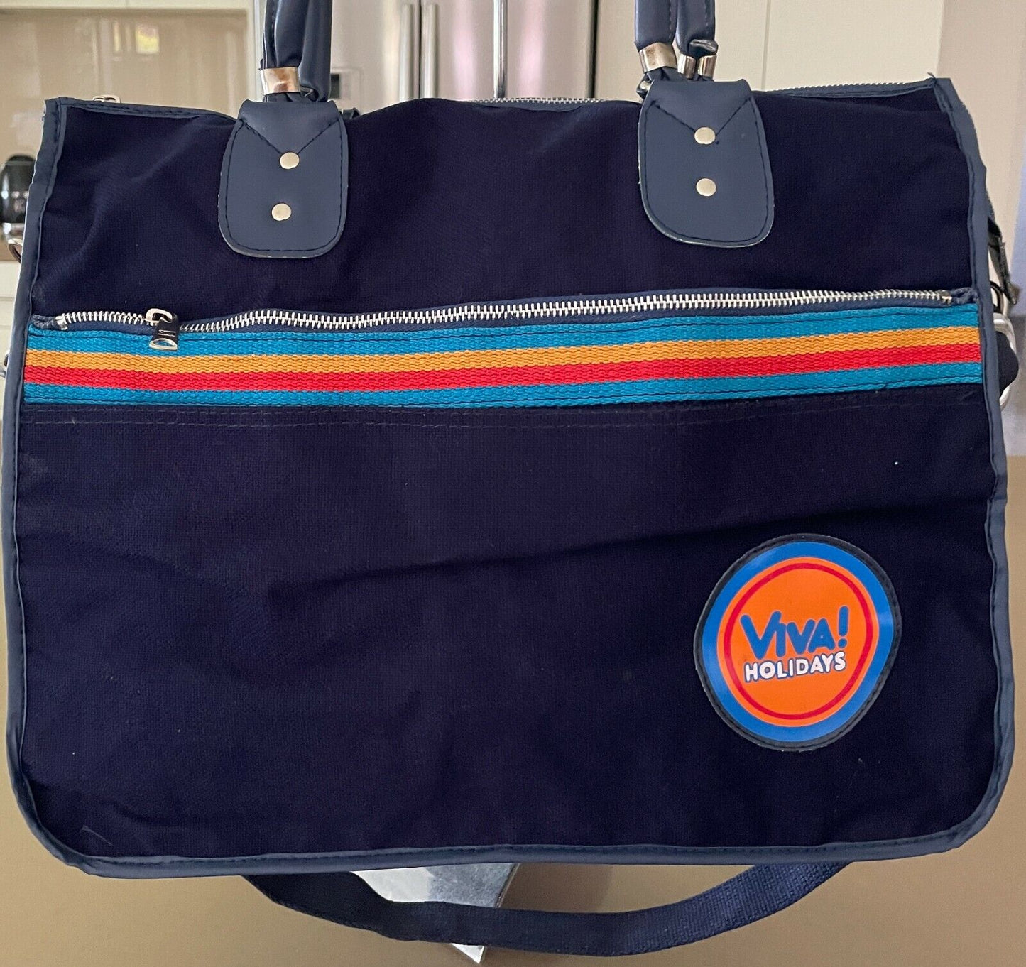 Vintage Promo VIVA HOLIDAYS Travel Bag Navy Blue Canvas & Vinyl Trim w Strap NEW