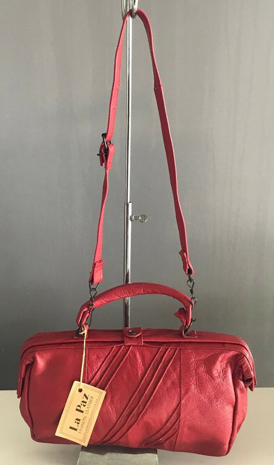 Vintage 1980's LA PAZ Doctor Bag Red Butter Soft Leather Style Frame Bag w Strap
