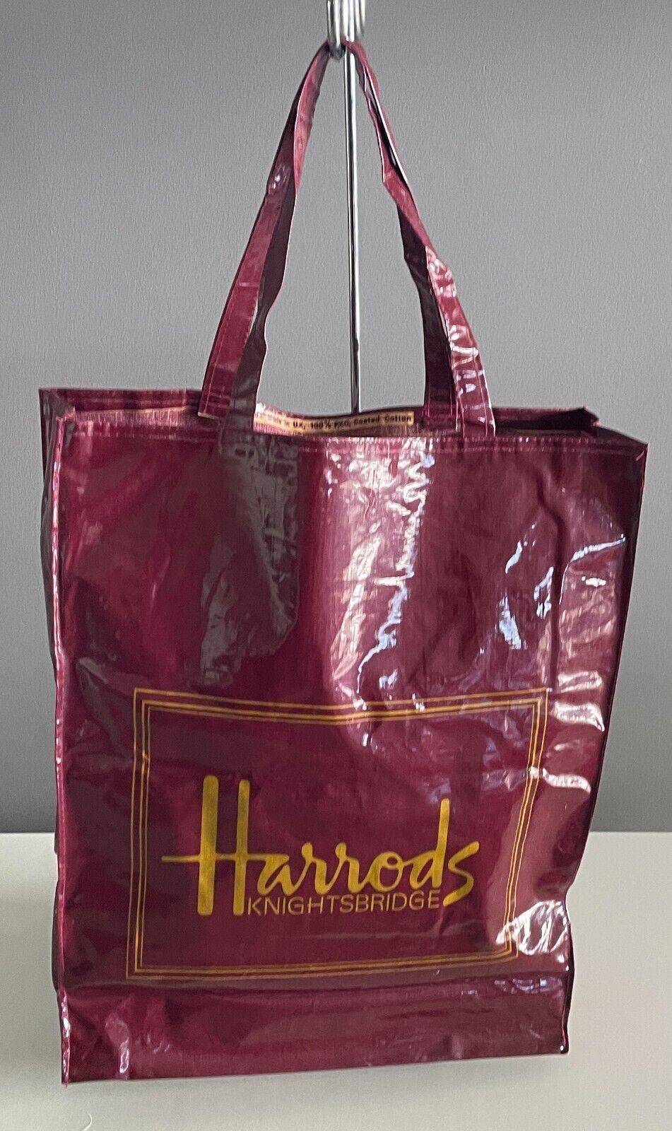 HARRODS Shopper Bag Knightsbridge Burgundy PVC Coated Cotton 36cm x 45cm