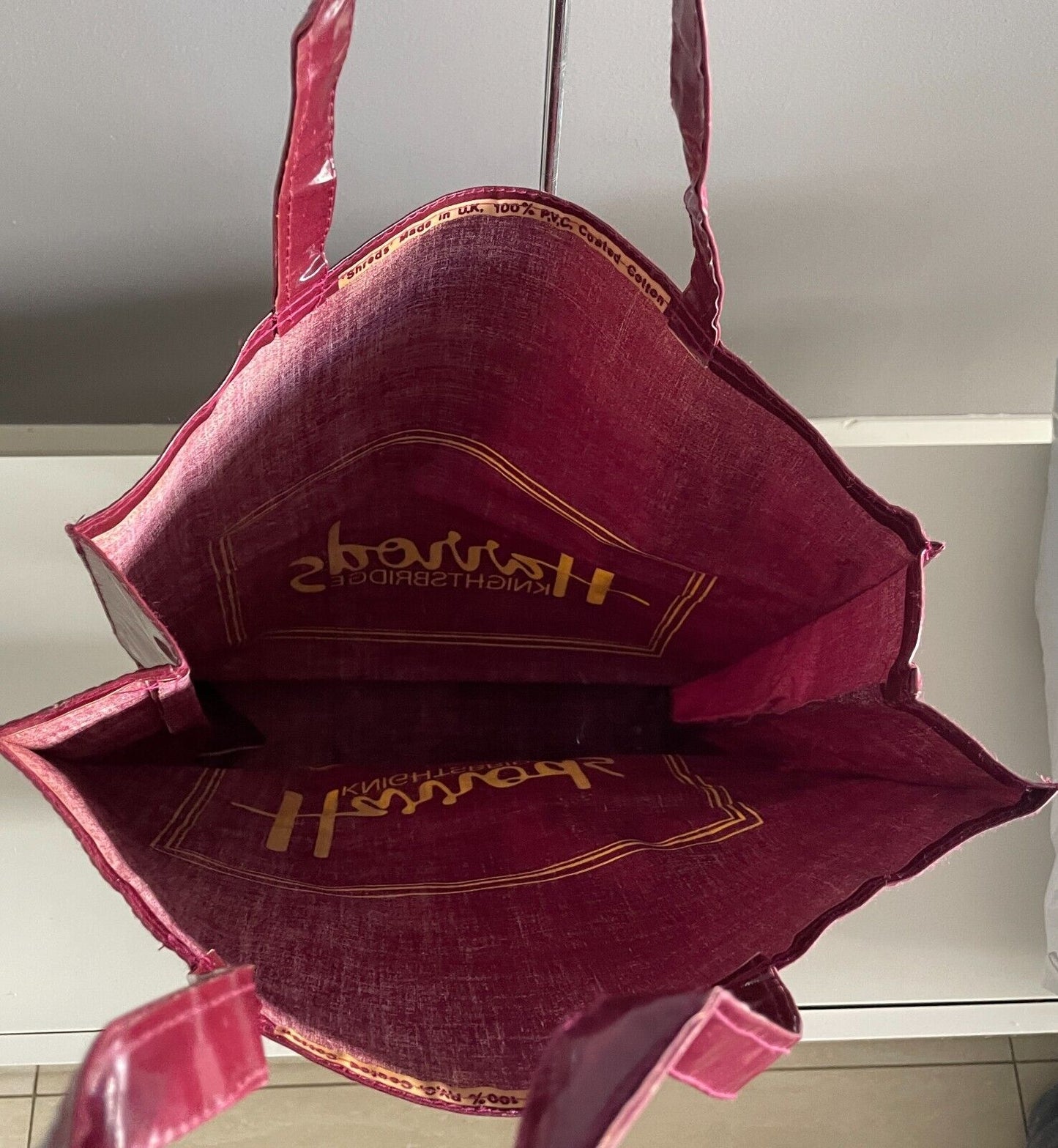 HARRODS Shopper Bag Knightsbridge Burgundy PVC Coated Cotton 36cm x 45cm